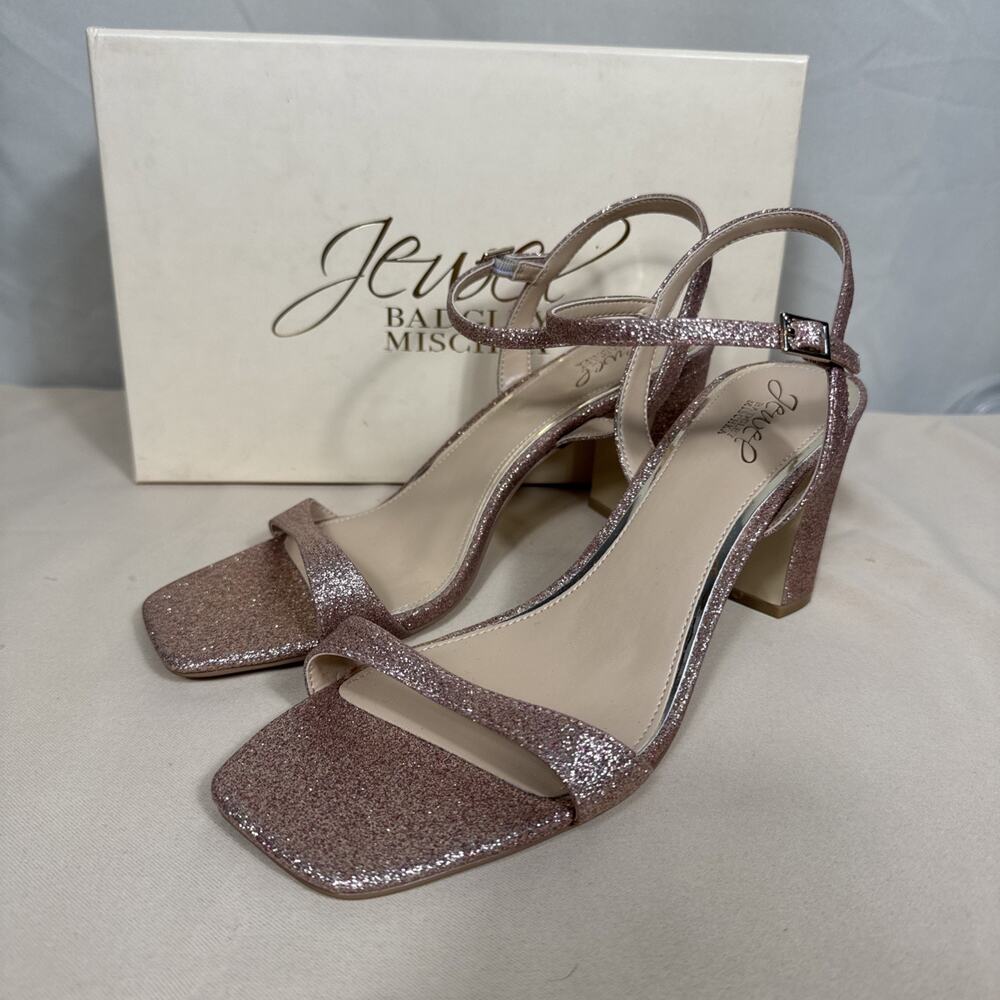 Jewel Badgley Mischka Rayla Women’s 9.5 Rose Gold Glitter Block Heel Sandal